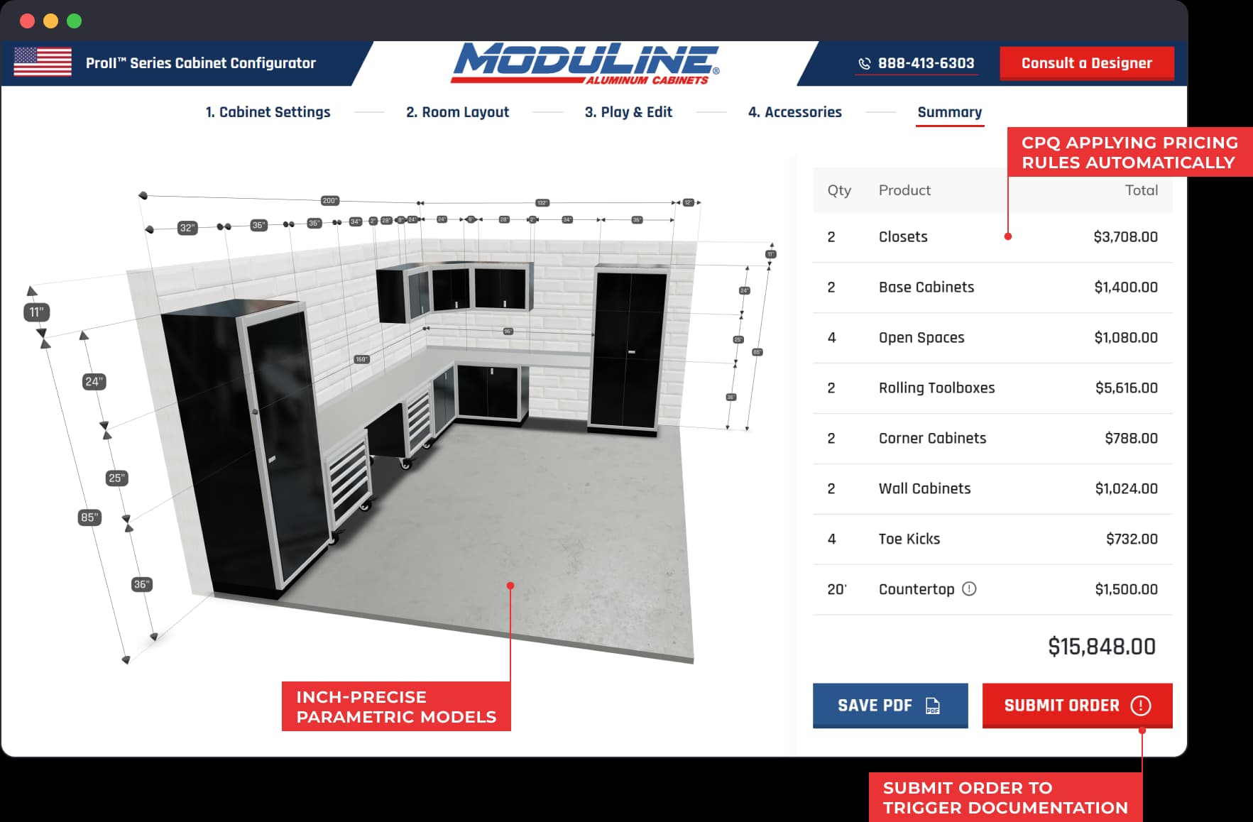 Moduline 3D configurator with parametric model and CPQ