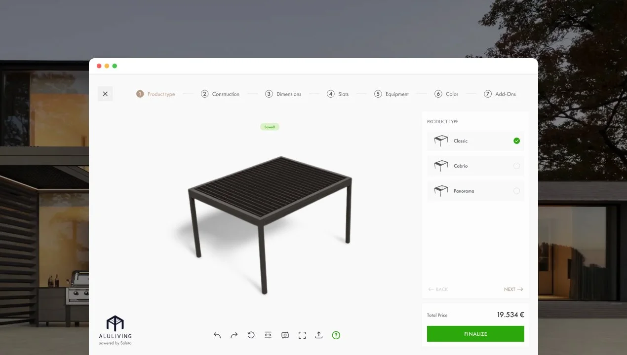 Aluliving 3D configurator with interactive pergola slat design