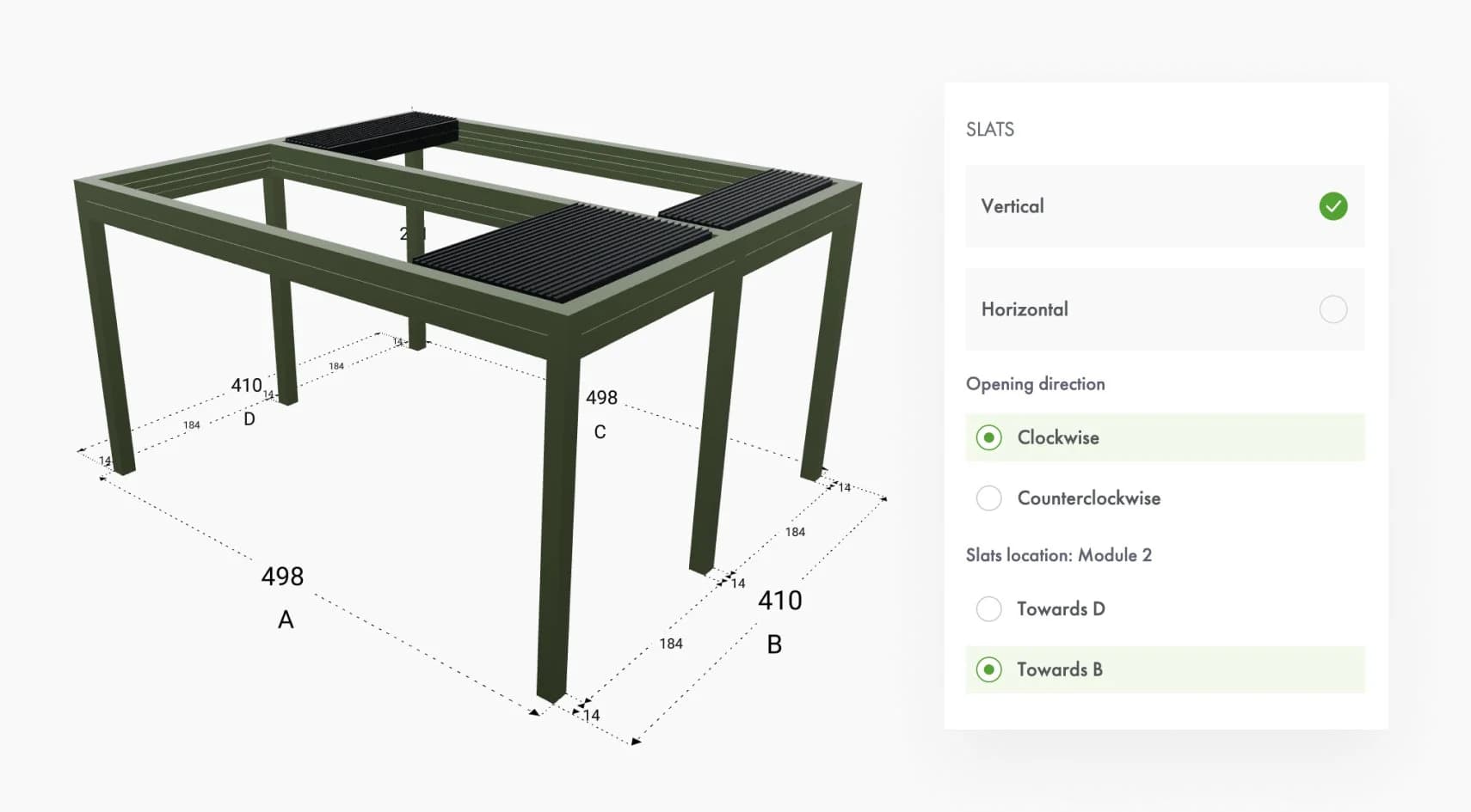 Aluliving configurator showing louver orientation selection with visual animation