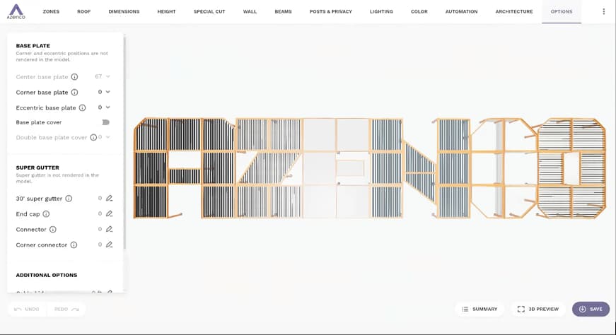Special cut pergola configurator for custom shapes