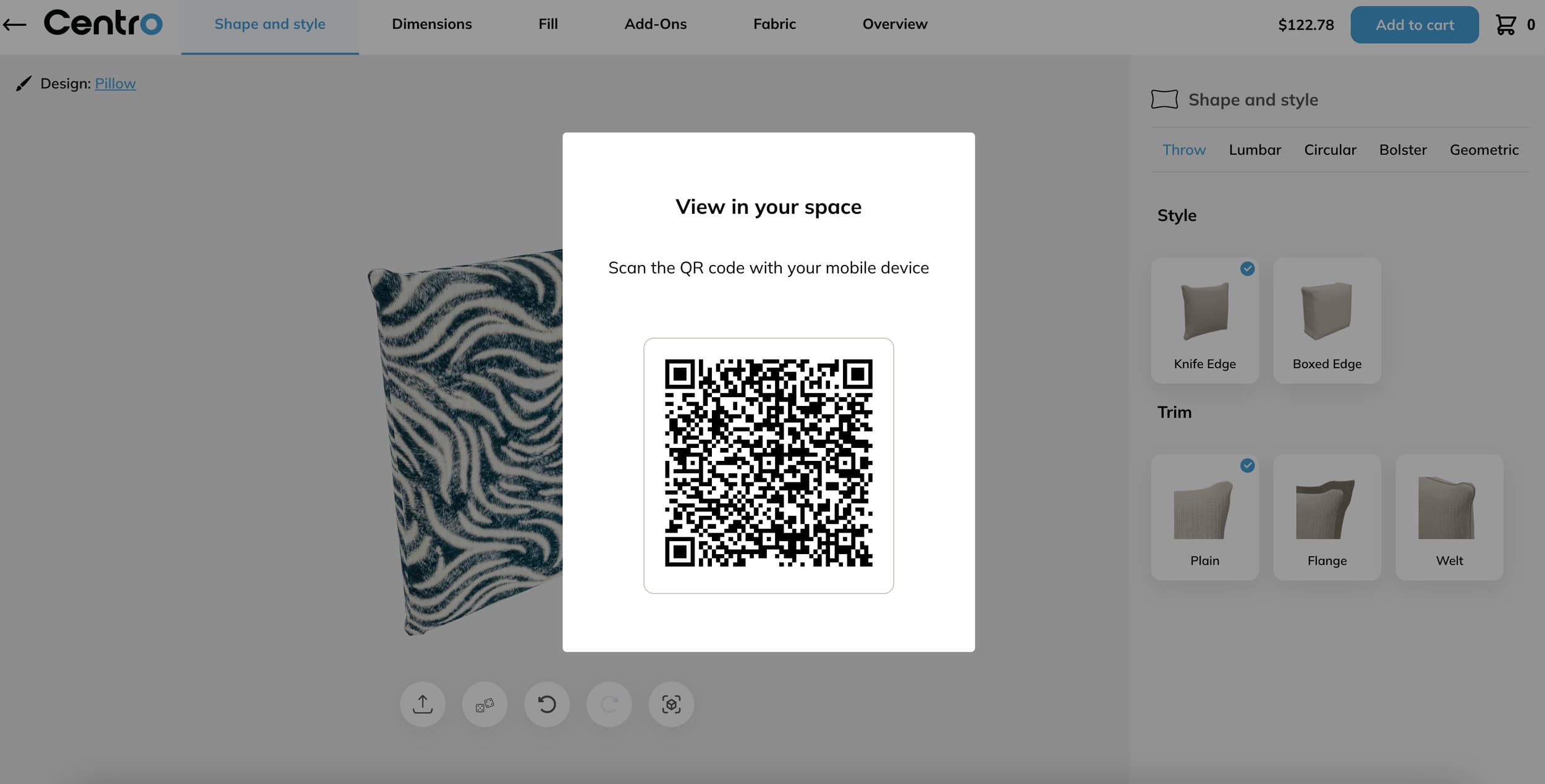 AR configurator showing cushion preview in a real room