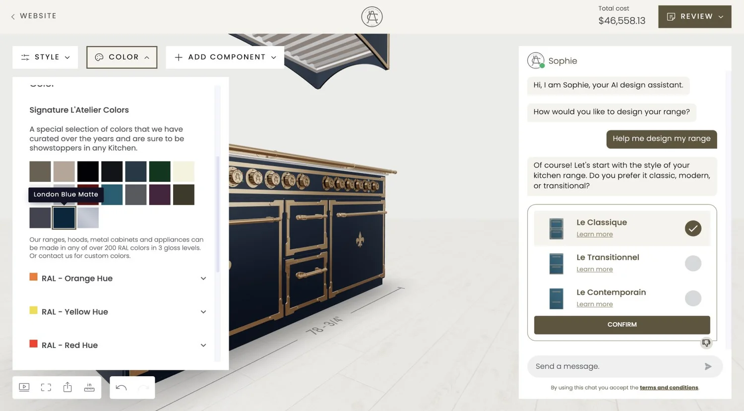 AI design assistant chat interface in kitchen configurator