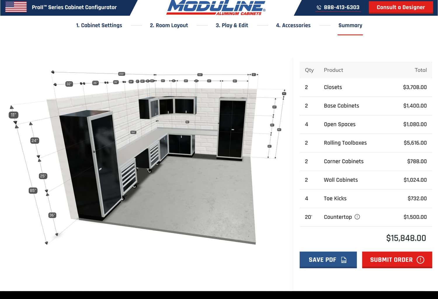 Parametric cabinet configurator showing dimension controls and layout validation