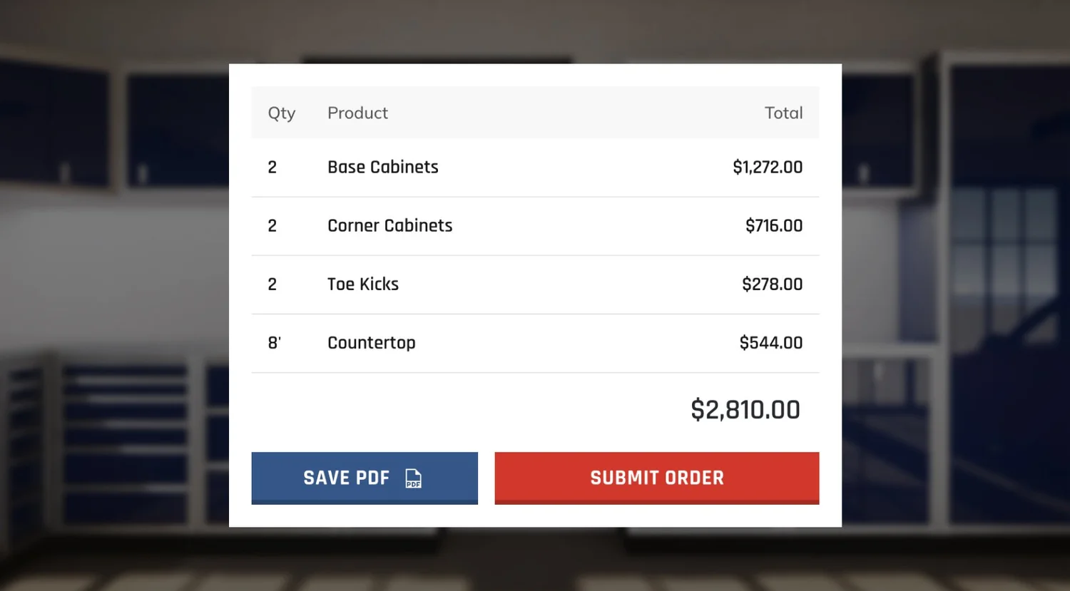 Visual CPQ interface showing real-time pricing for modular cabinet configuration
