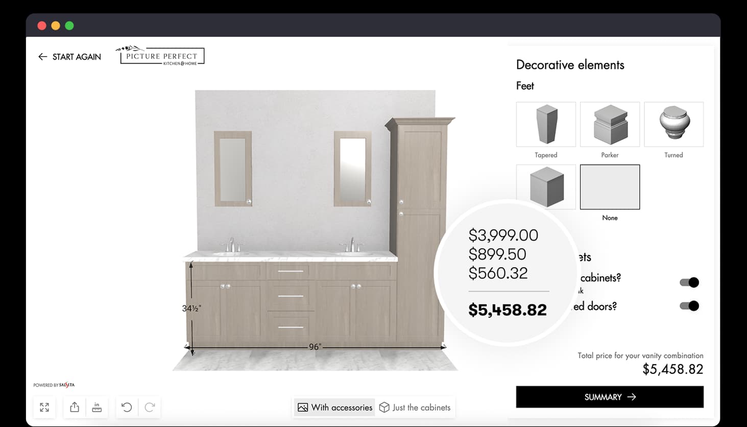 CPQ interface showing real-time pricing for configured vanity