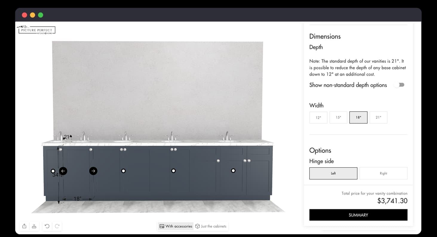 3D parametric configurator showing vanity customization