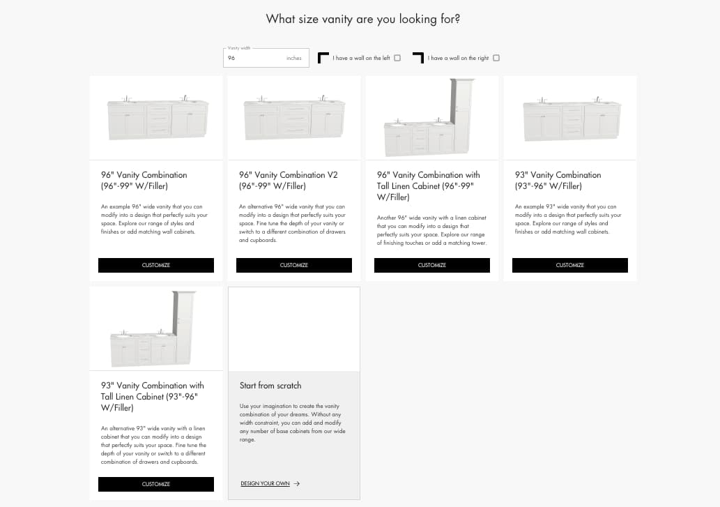 Vanity configurator preset selection interface