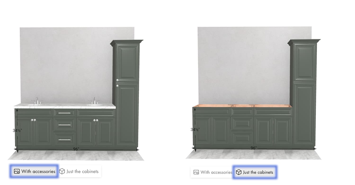 3D cabinet configurator showing view state toggles