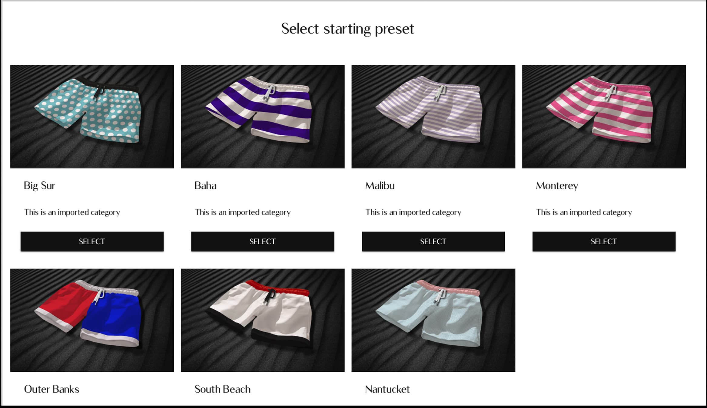 Sunlife Beachwear 3D configurator showing custom swimwear presets