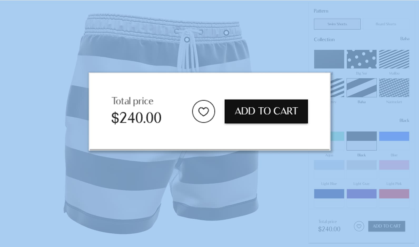 Sunlife Beachwear configurator Shopify integration showing cart and checkout
