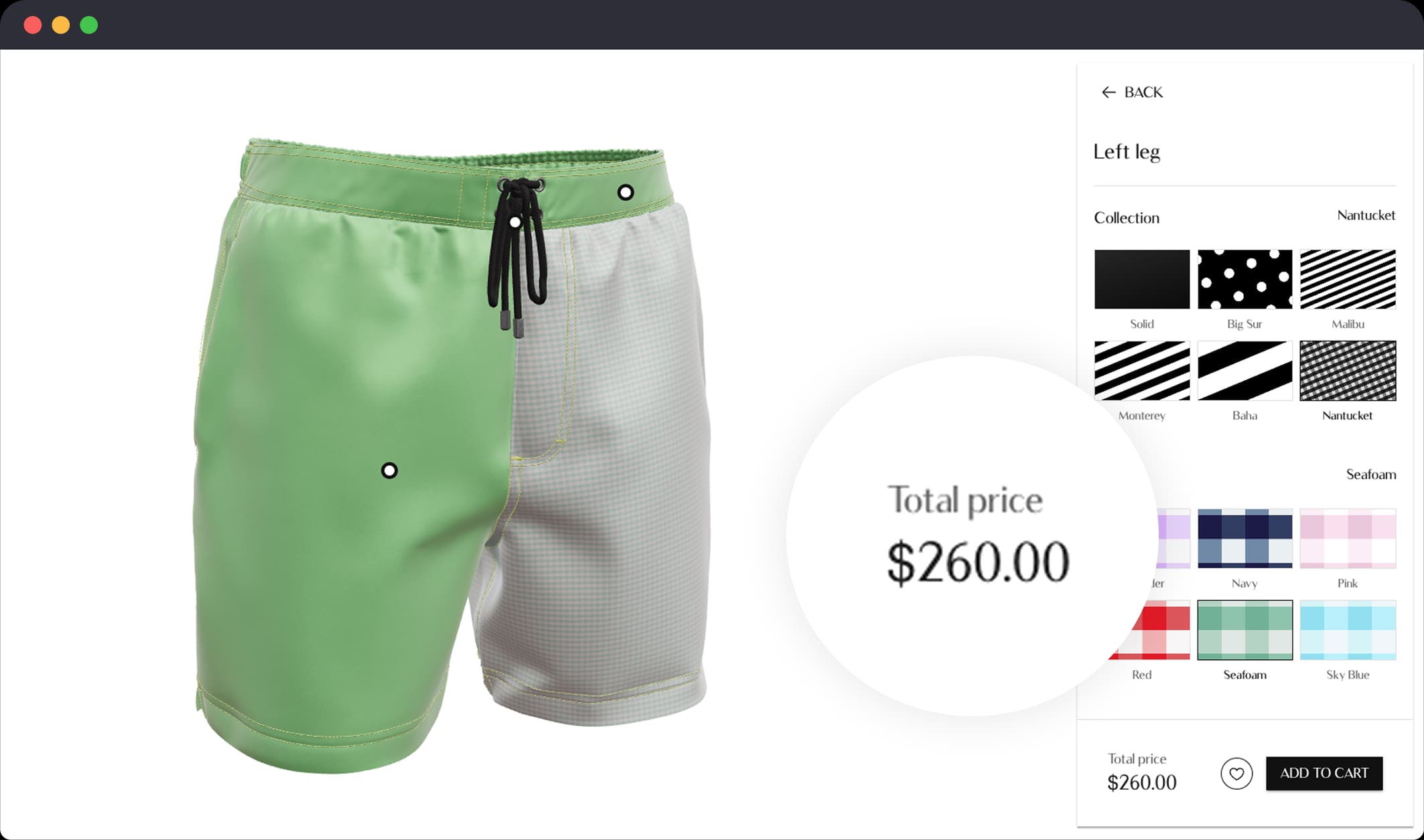 Sunlife Beachwear configurator showing real-time pricing alongside 3D view