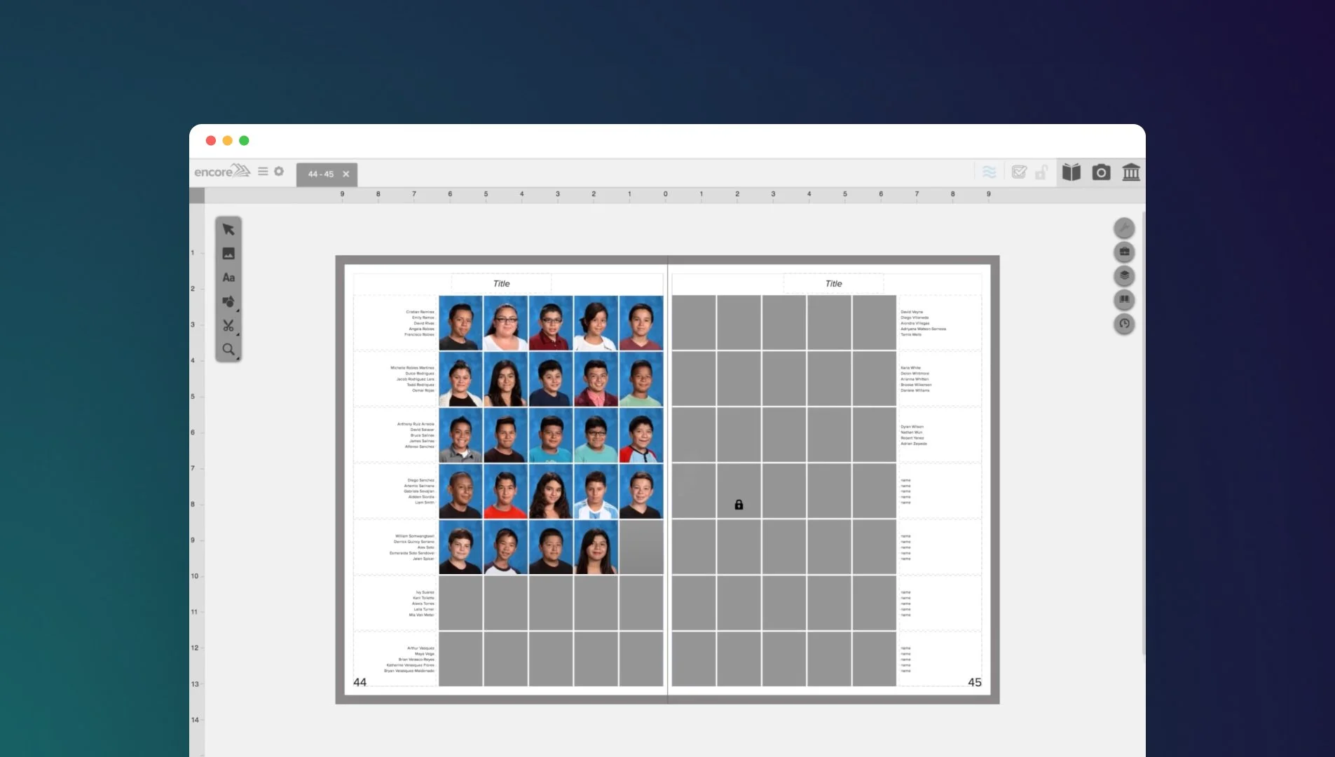 Salsita digital spreadsheet displaying student photographs and information with grids for names and details