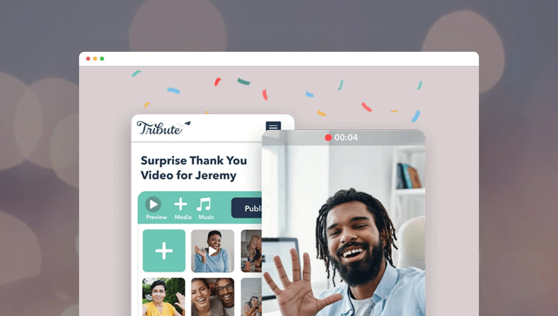 A computer screen showing a video editing interface with a man on a video call and colorful confetti in the background