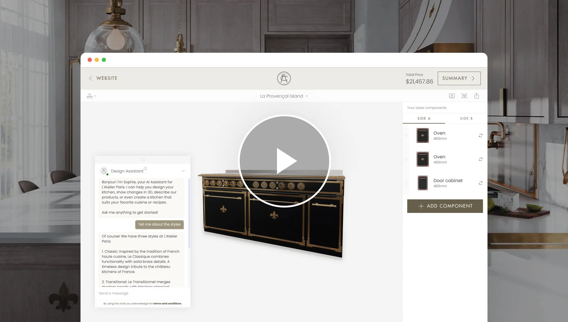 Salsita virtual kitchen design interface showing a black and gold vintage stove with a chat window introducing the design assistant Sophie