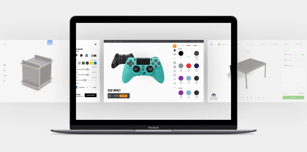 Laptop screen displaying a customizable gaming controller with color options and designer interface elements