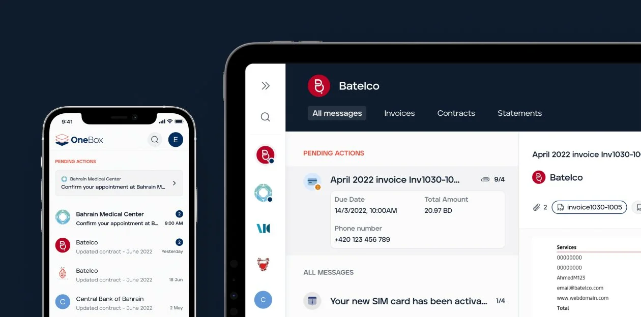 Screenshots of mobile phone and tablet displaying financial and communication apps, invoicing, contracts, and messages